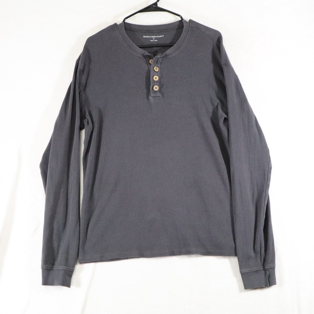 Burt's Bees Baby Adult M Charcoal Gray Waffle Knit Henley Long Sleeve Thermal
